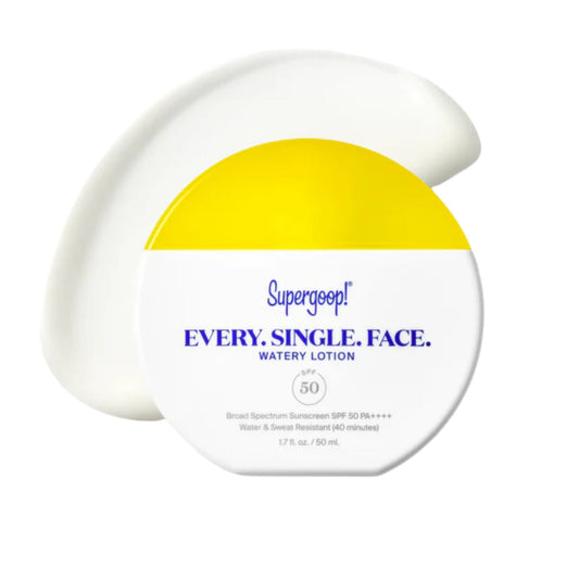 Supergoop Every Single Face Watery Lotion SPF 50 jar with a splash of lotion