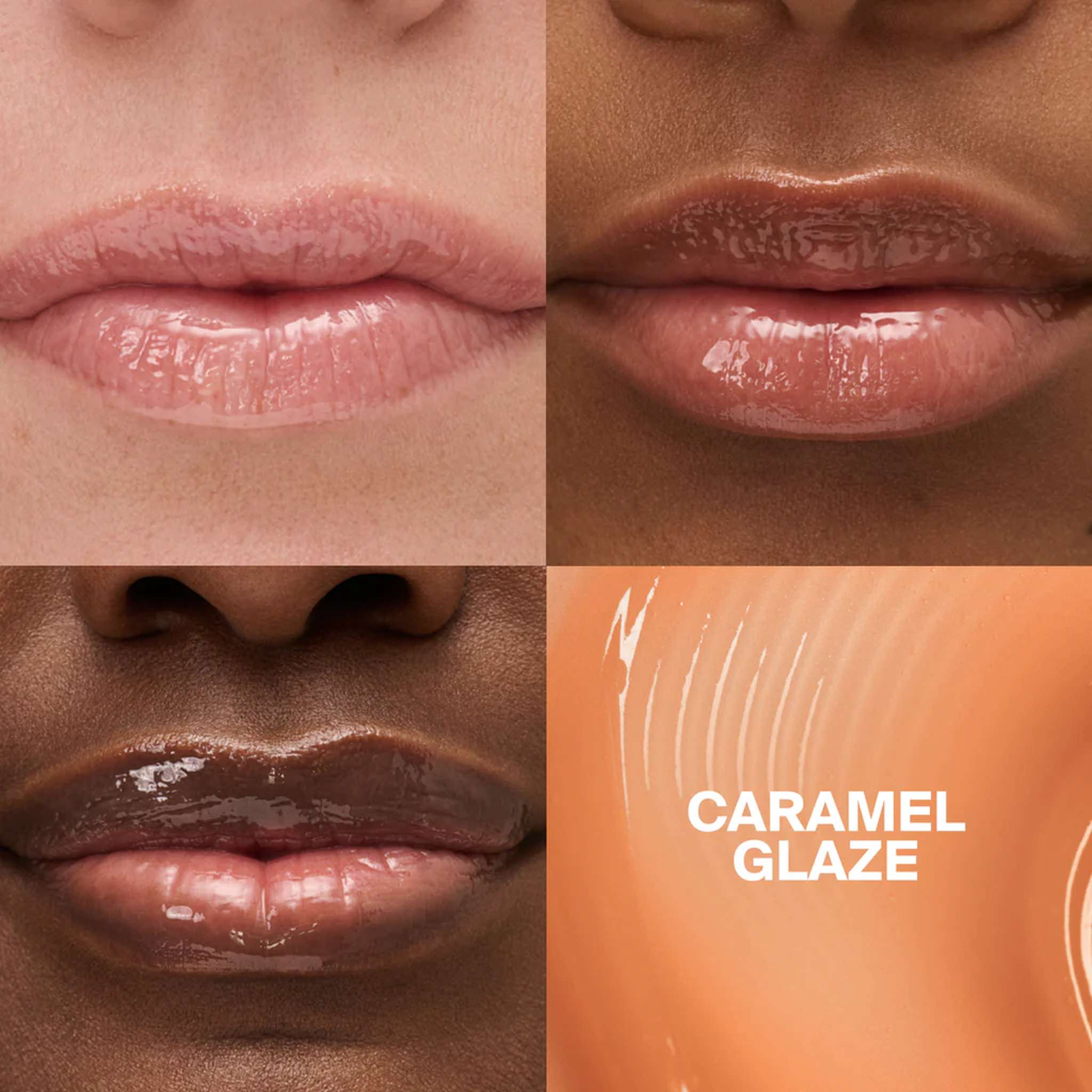 Caramel Glaze lip gloss swatch on multiple skin tones 2