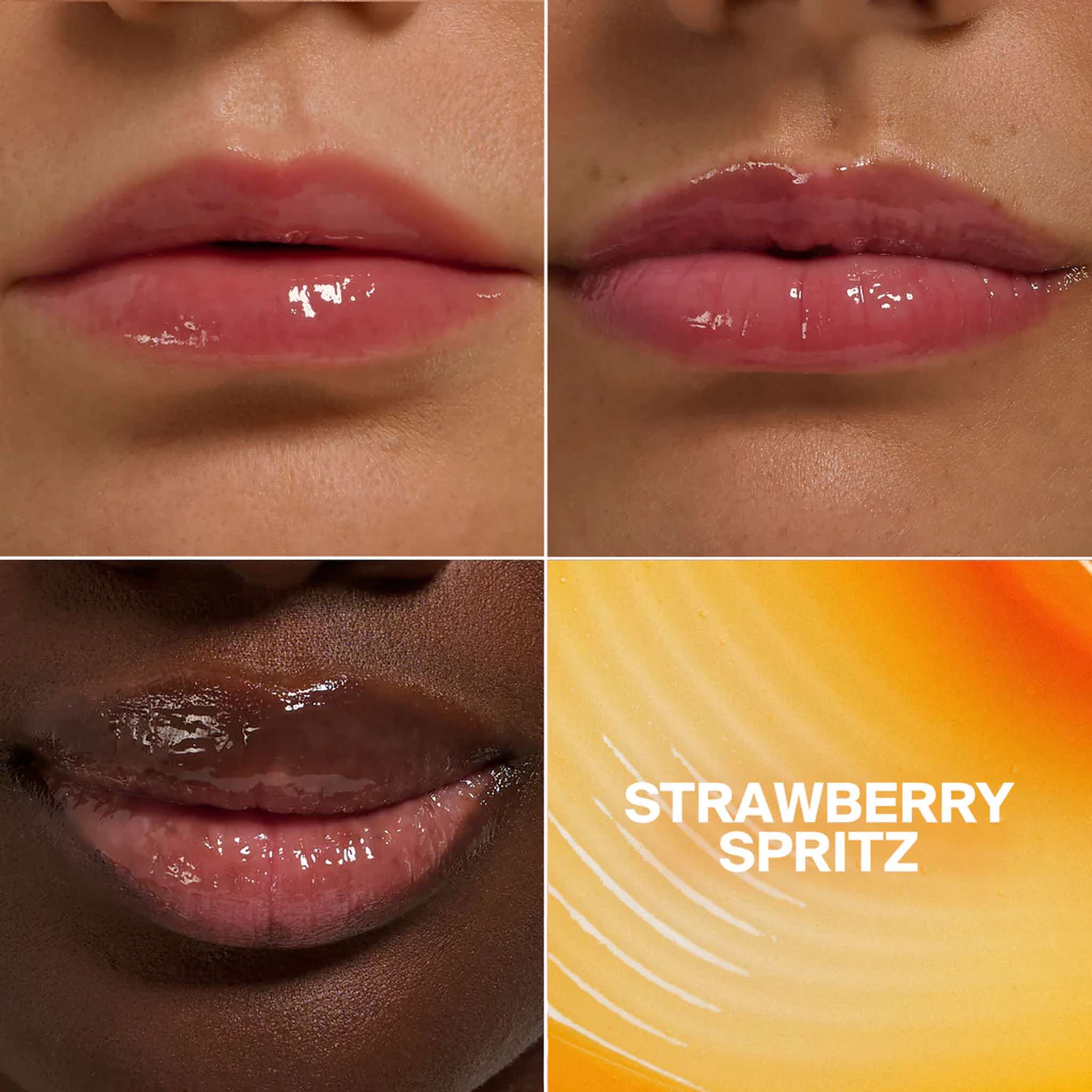 Strawberry Spritz lip gloss swatch on multiple skin tones 3