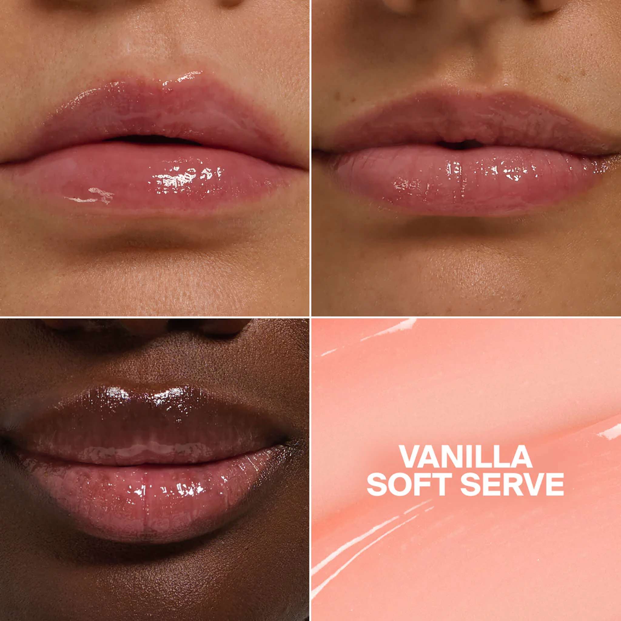 Vanilla Soft Serve lip gloss swatch on multiple skin tones 3