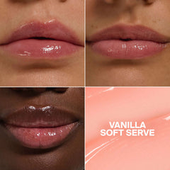 Vanilla Soft Serve lip gloss swatch on multiple skin tones 3