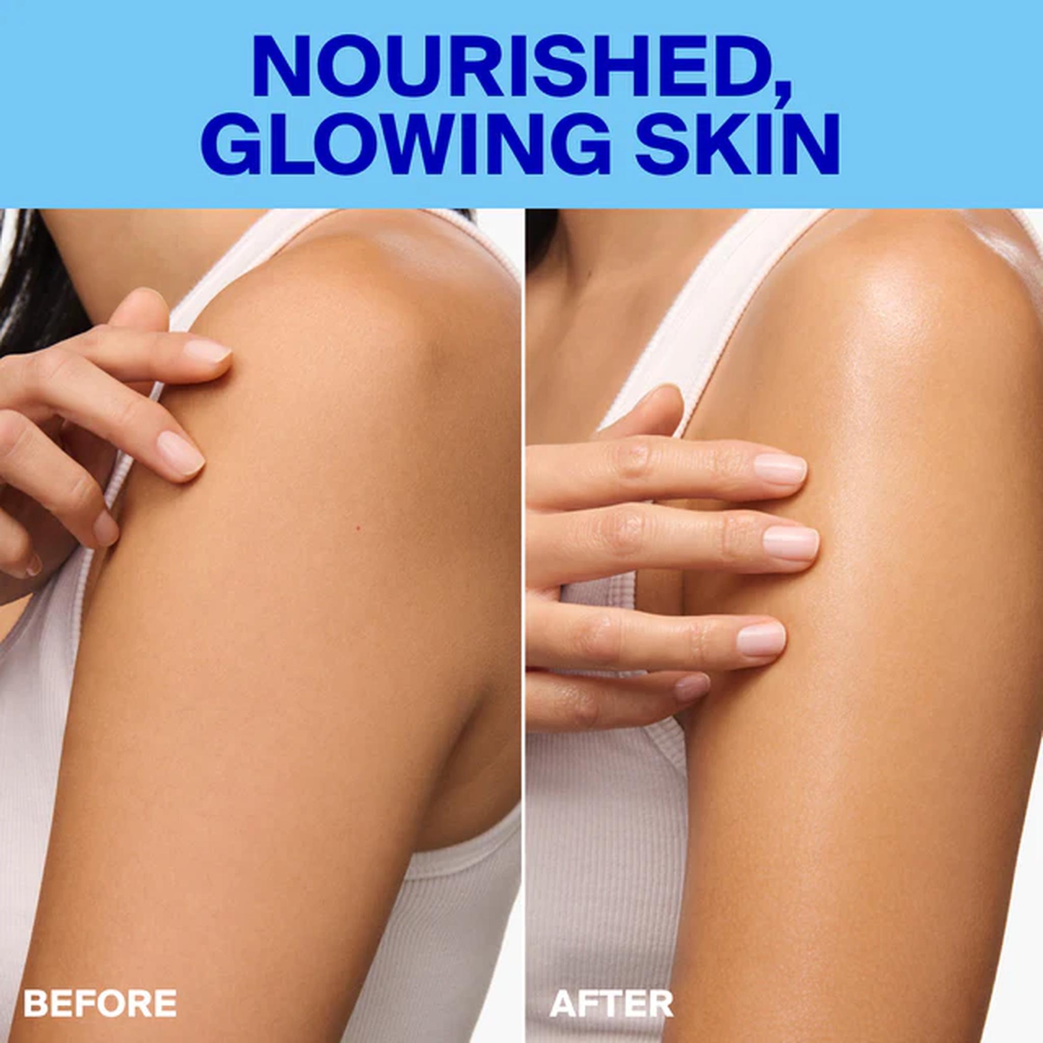 Before and after using Supergoop Glow Oil SPF 50 for nourished glowing skin