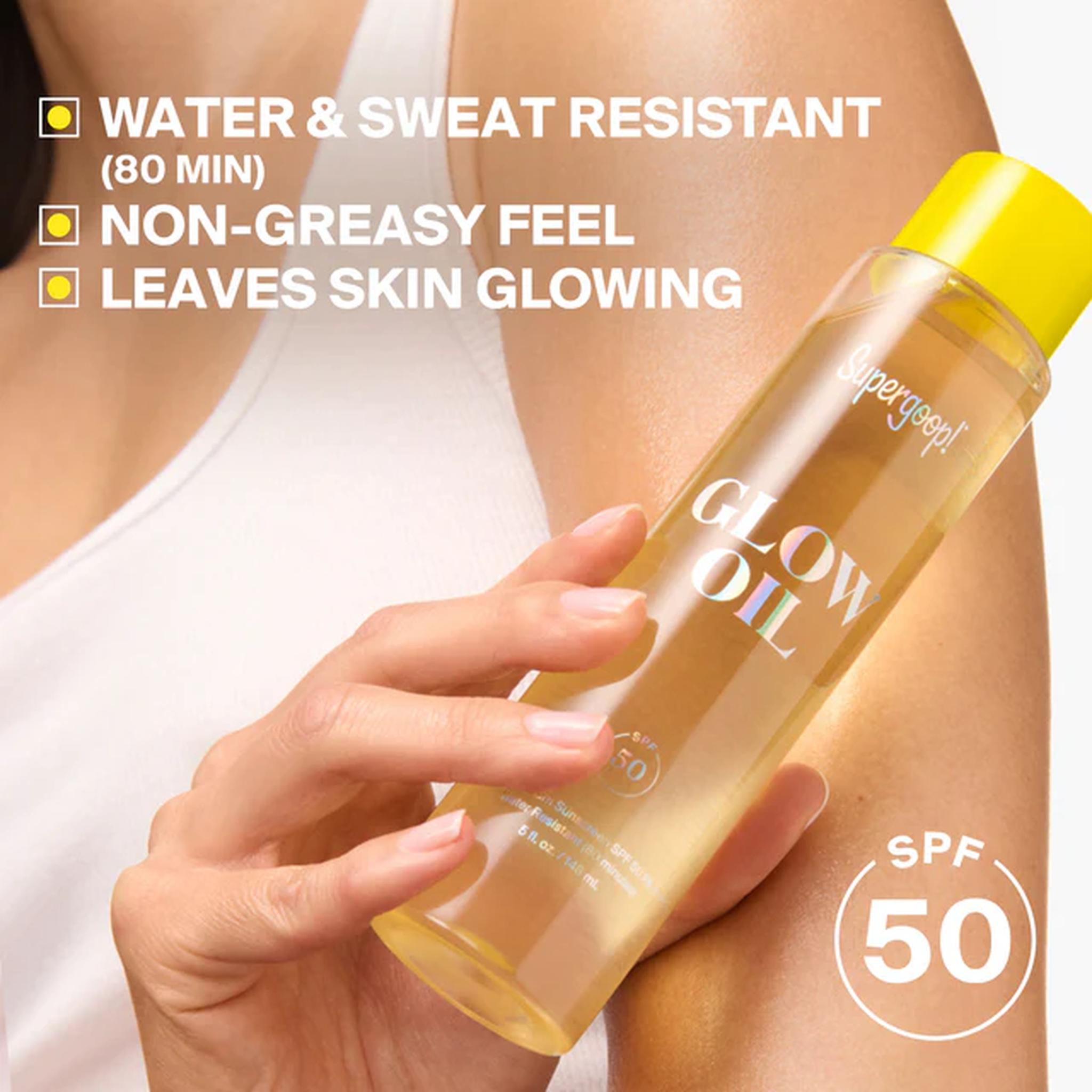  Applying Supergoop Glow Oil SPF 50 for a water and sweat resistant non-greasy glow