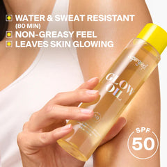  Applying Supergoop Glow Oil SPF 50 for a water and sweat resistant non-greasy glow