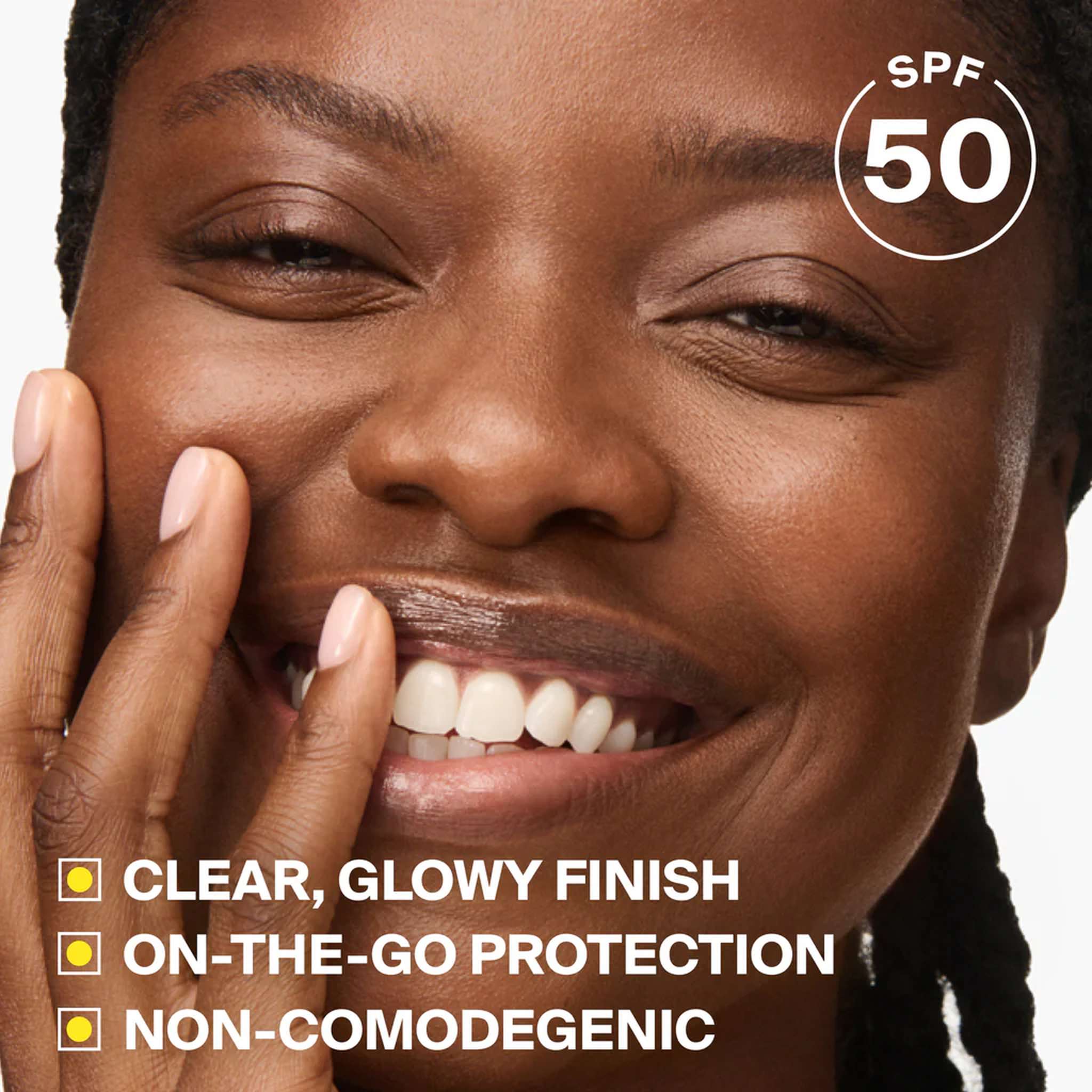 Clear glowy SPF 50 finish with on the go sun protection