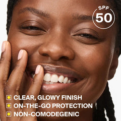 Clear glowy SPF 50 finish with on the go sun protection