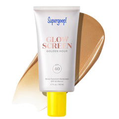 Supergoop Glowscreen Golden Hour SPF 40 tube with a bronze glow swatch 1