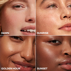 Four Supergoop Glowscreen shades Dawn Sunrise Golden Hour and Sunset on different skin tones 2