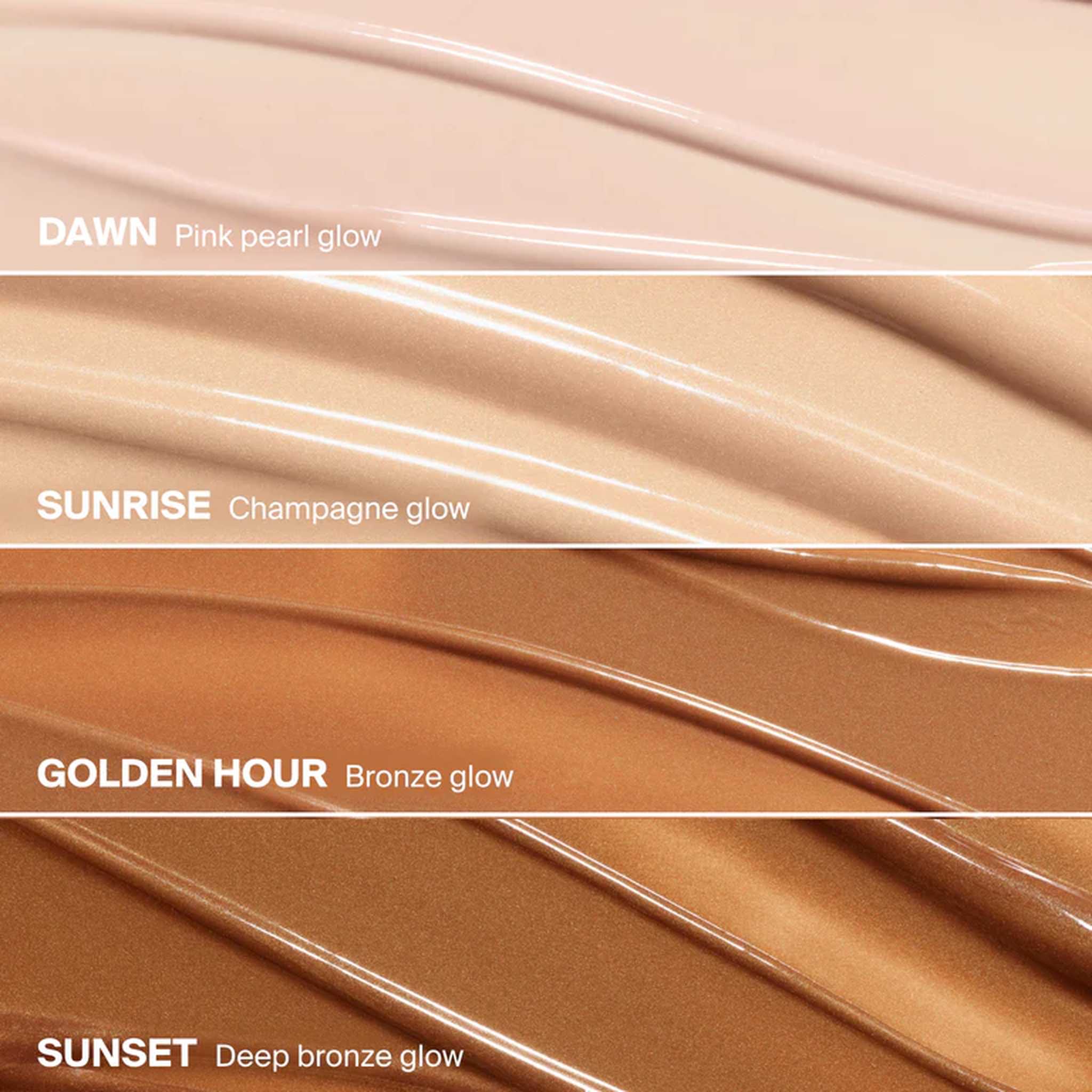 Four Supergoop Glowscreen shades Dawn Sunrise Golden Hour and Sunset on different skin tones 3