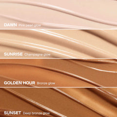 Four Supergoop Glowscreen shades Dawn Sunrise Golden Hour and Sunset on different skin tones 3