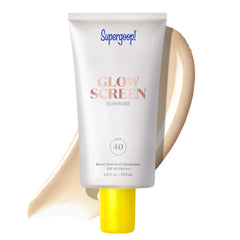 Supergoop Glowscreen Sunrise SPF 40 large size tube with a champagne glow swatch 1