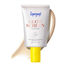 Supergoop Glowscreen Sunrise SPF 40 travel size tube with a champagne glow swatch 1