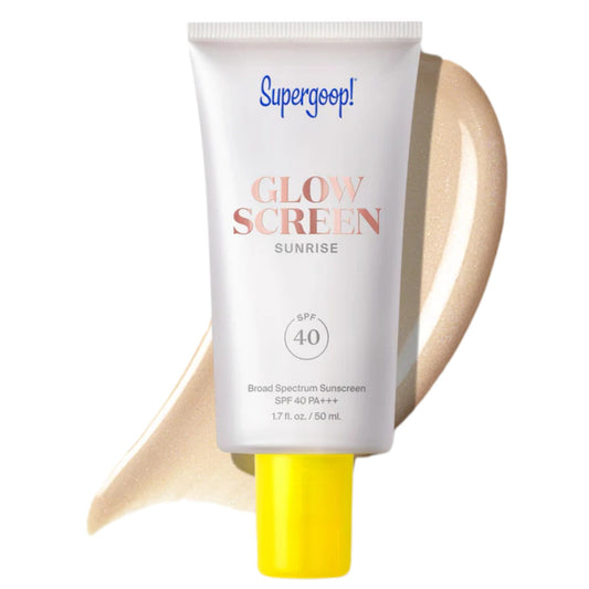 Supergoop Glowscreen Sunrise SPF 40 tube with a champagne glow swatch 1