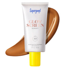 Supergoop Glowscreen Sunset SPF 40 tube with a deep bronze glow swatch 1