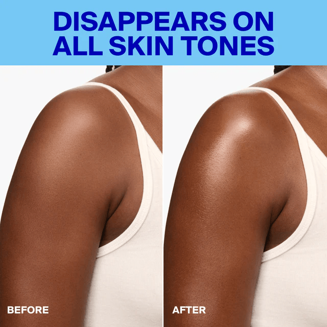 Before and after shoulder application showing body mist disappears on all skin tones