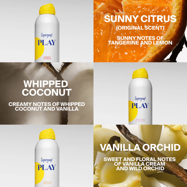 Sunny Citrus Whipped Coconut and Vanilla Orchid scent notes for PLAY body mist
