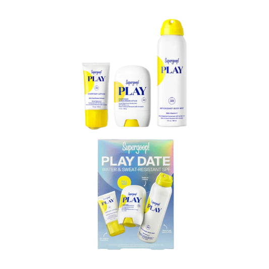 Supergoop Play Date SPF 50 kit with lotion stick mist and box