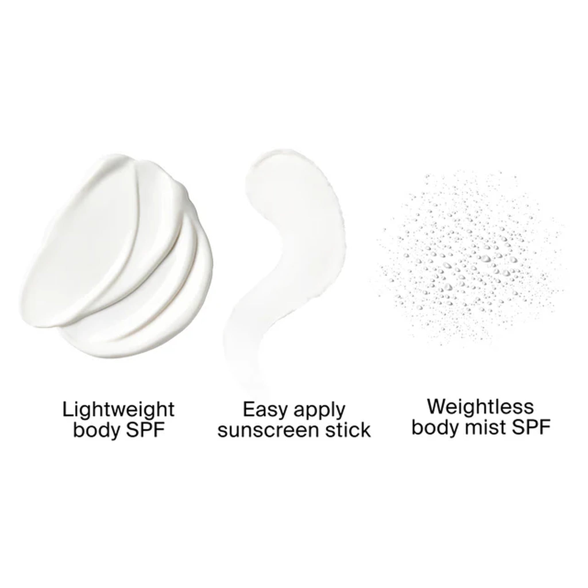 Lightweight body SPF sunscreen stick and mist texture comparison
