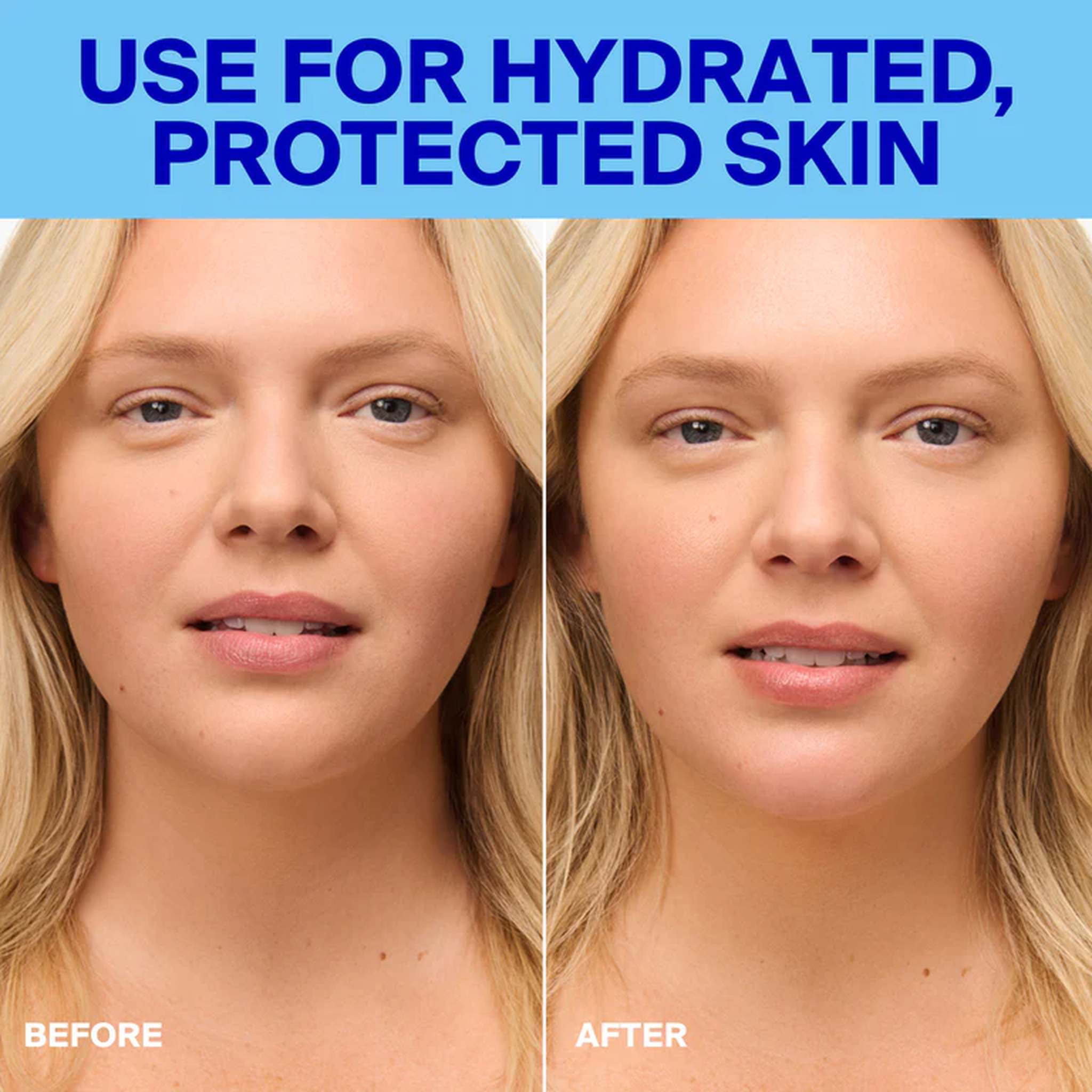 Before and after hydrated protected skin with Supergoop face lotion