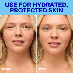 Before and after hydrated protected skin with Supergoop face lotion