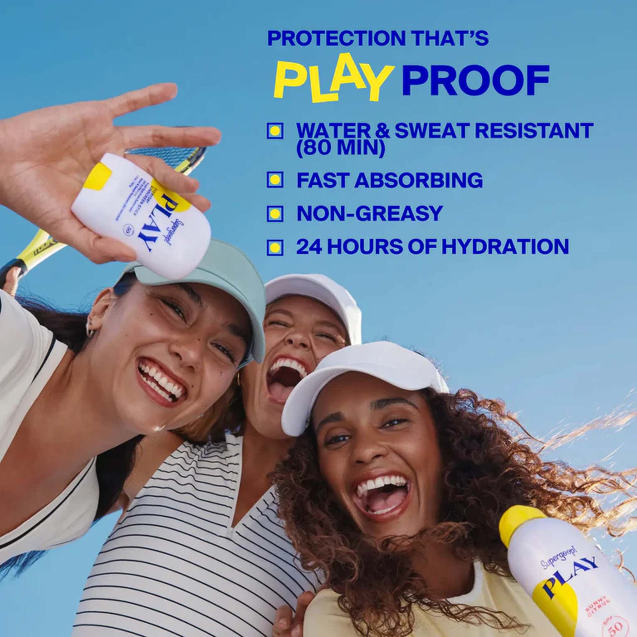 Friends outdoors with fast absorbing water and sweat resistant SPF lotion