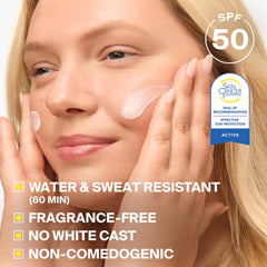 SPF 50 face lotion applied with no white cast fragrance-free formula