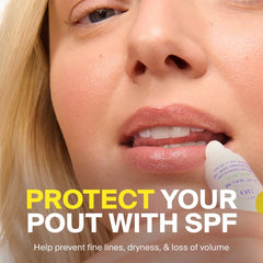 Woman applying PLAY SPF lip balm to protect her pout from fine lines and dryness