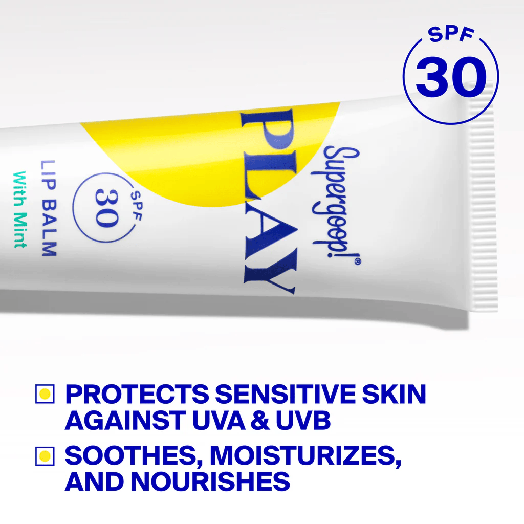 Close-up of PLAY Lip Balm SPF 30 tube protecting sensitive skin against UVA and UVB