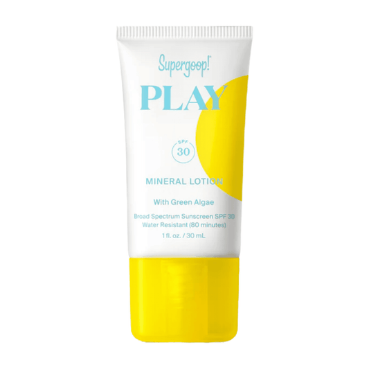 Supergoop Play Mineral Lotion SPF 30 tube with green algae