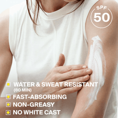 Water and sweat resistant SPF 50 body lotion that absorbs fast with no white cast