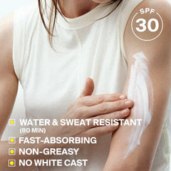 Woman applying PLAY SPF 30 sunscreen to her arm highlighting product benefits