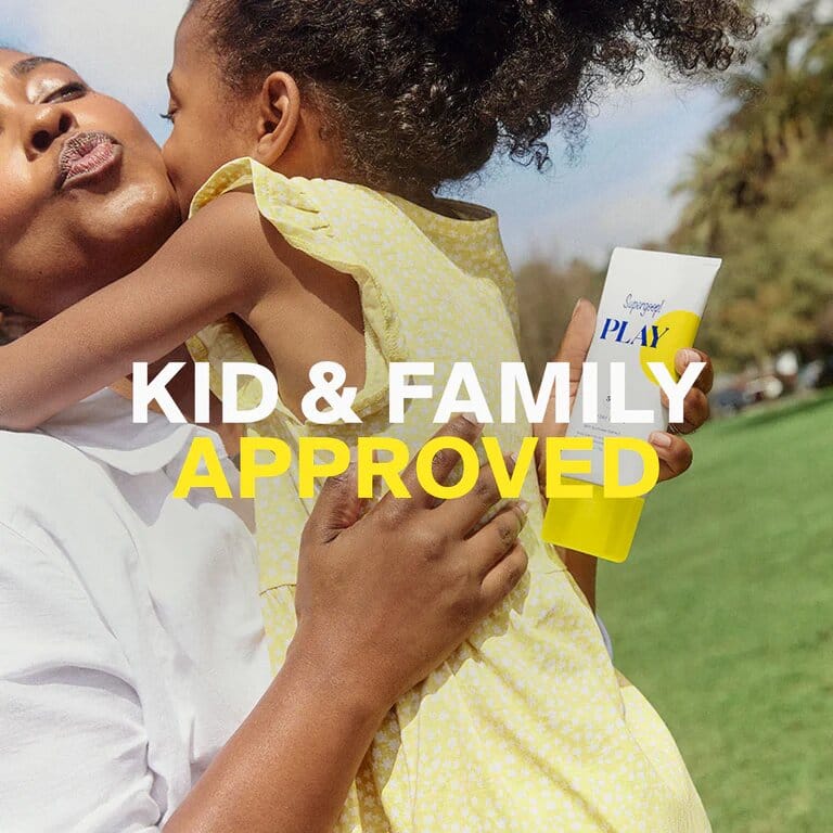 Mother and daughter outdoors with PLAY sunscreen labeled kid and family approved