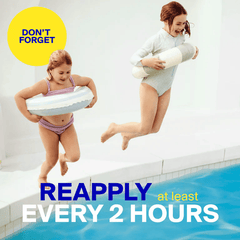 Kids jumping into a pool with a reminder to reapply sunscreen every two hours