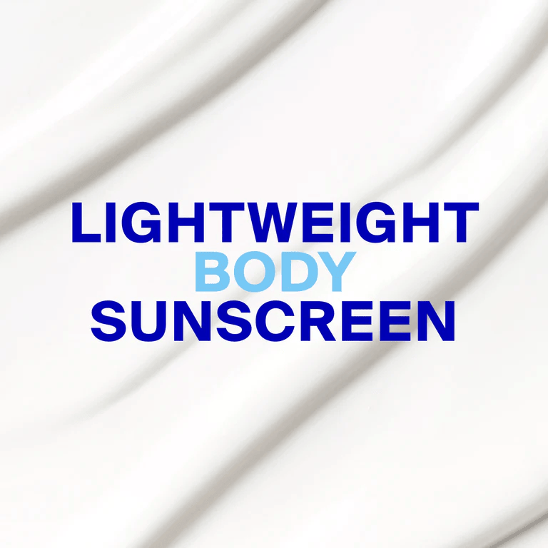 Lightweight body sunscreen text over texture swatch