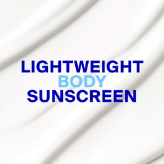 Lightweight body sunscreen text over texture swatch