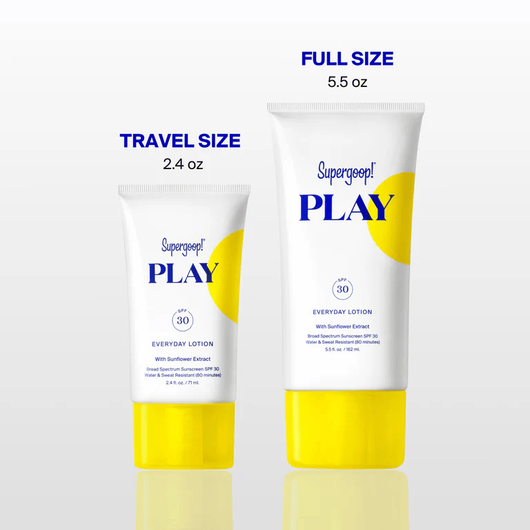 Supergoop PLAY sunscreen travel size next to full size for comparison