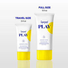 Supergoop PLAY sunscreen travel size next to full size for comparison