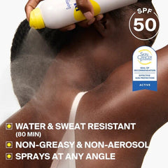 Man spraying Supergoop PLAY SPF 50 body mist on his neck with Skin Cancer Foundation seal