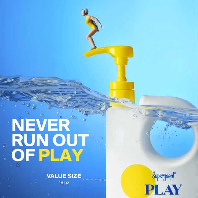 Jumbo value size PLAY sunscreen pump bottle floating in water at 18 ounces