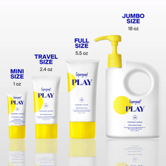 Supergoop PLAY sunscreen mini travel full and jumbo size comparison lineup