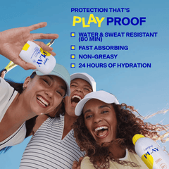 Three women laughing with tennis rackets and PLAY SPF 50 sunscreen bottles