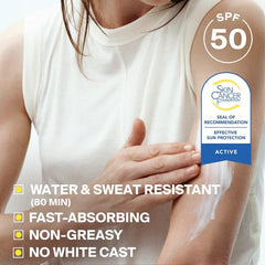 Arm with PLAY SPF 50 sunscreen and Skin Cancer Foundation seal of recommendation