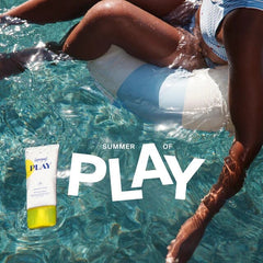 Woman floating in a pool with PLAY sunscreen tube for summer of play