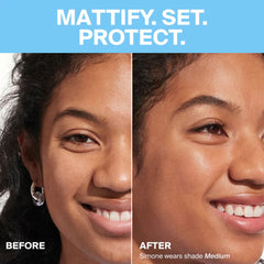 Before and after using Supergoop Resetting Mineral Powder for a mattified shine-free finish
