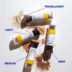 Supergoop Resetting Mineral Powder shades translucent light medium and deep with brush applicators