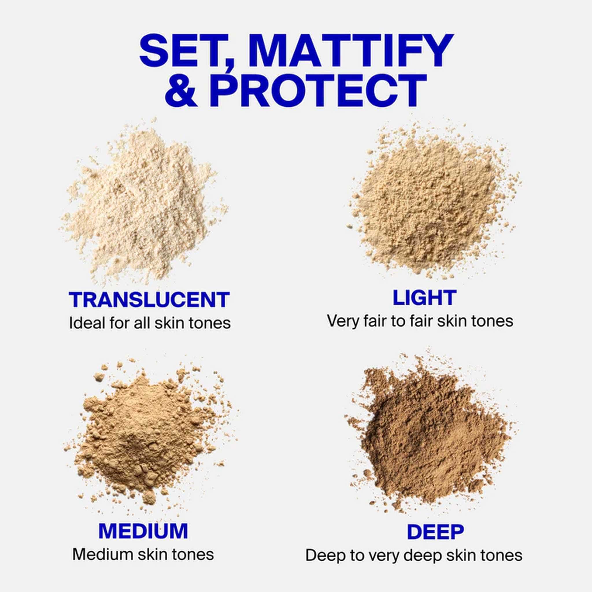 Supergoop Resetting Mineral Powder shade swatches for translucent light medium and deep skin tones