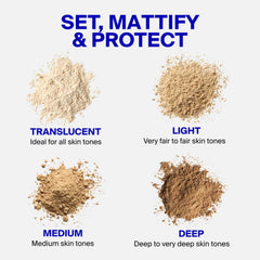 Supergoop Resetting Mineral Powder shade swatches for translucent light medium and deep skin tones