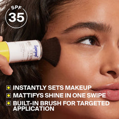 Supergoop Resetting Mineral Powder SPF 35 sets makeup and mattifies shine with a built-in brush