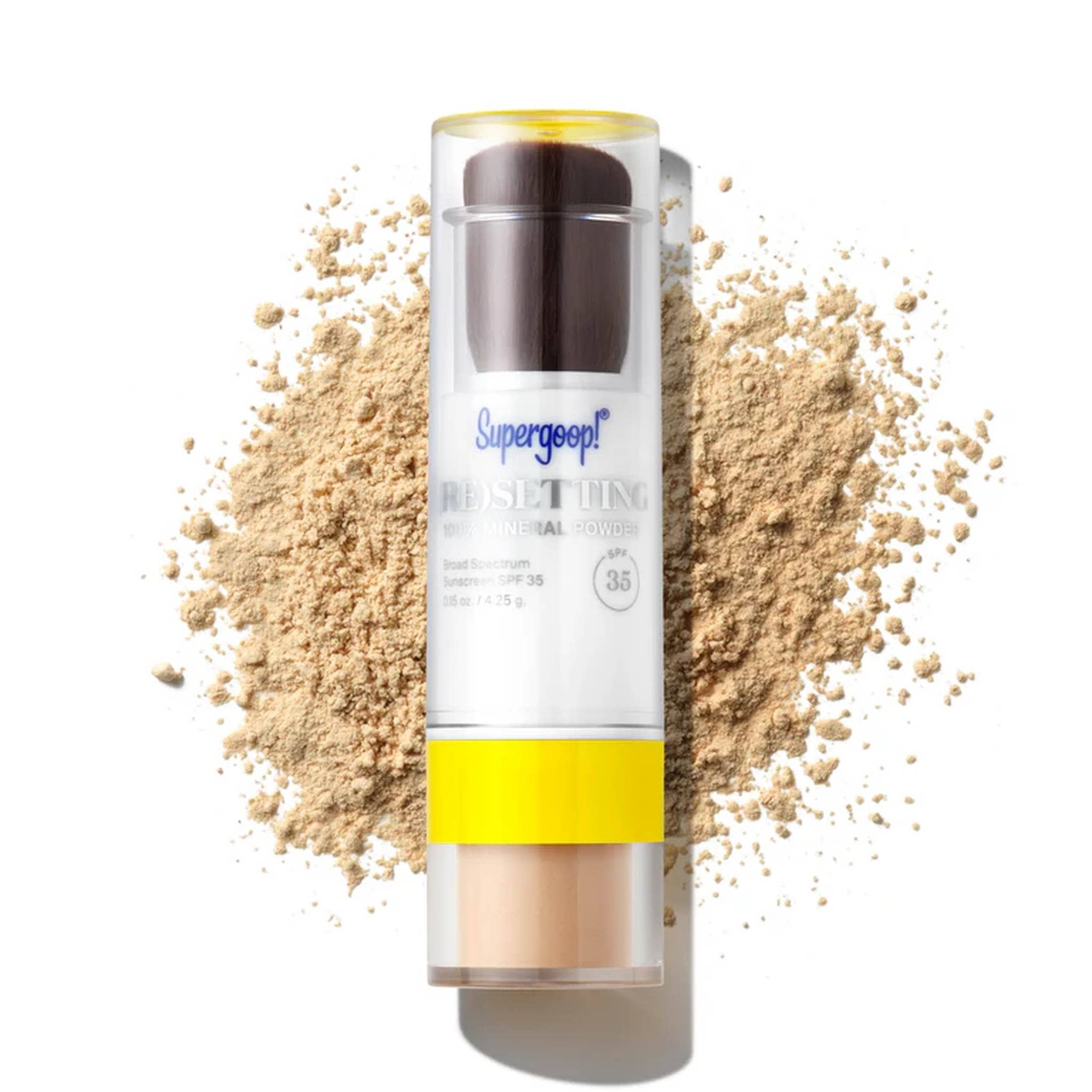 Supergoop Resetting 100% Mineral Powder SPF 35 stick in shade Light surrounded by loose powder