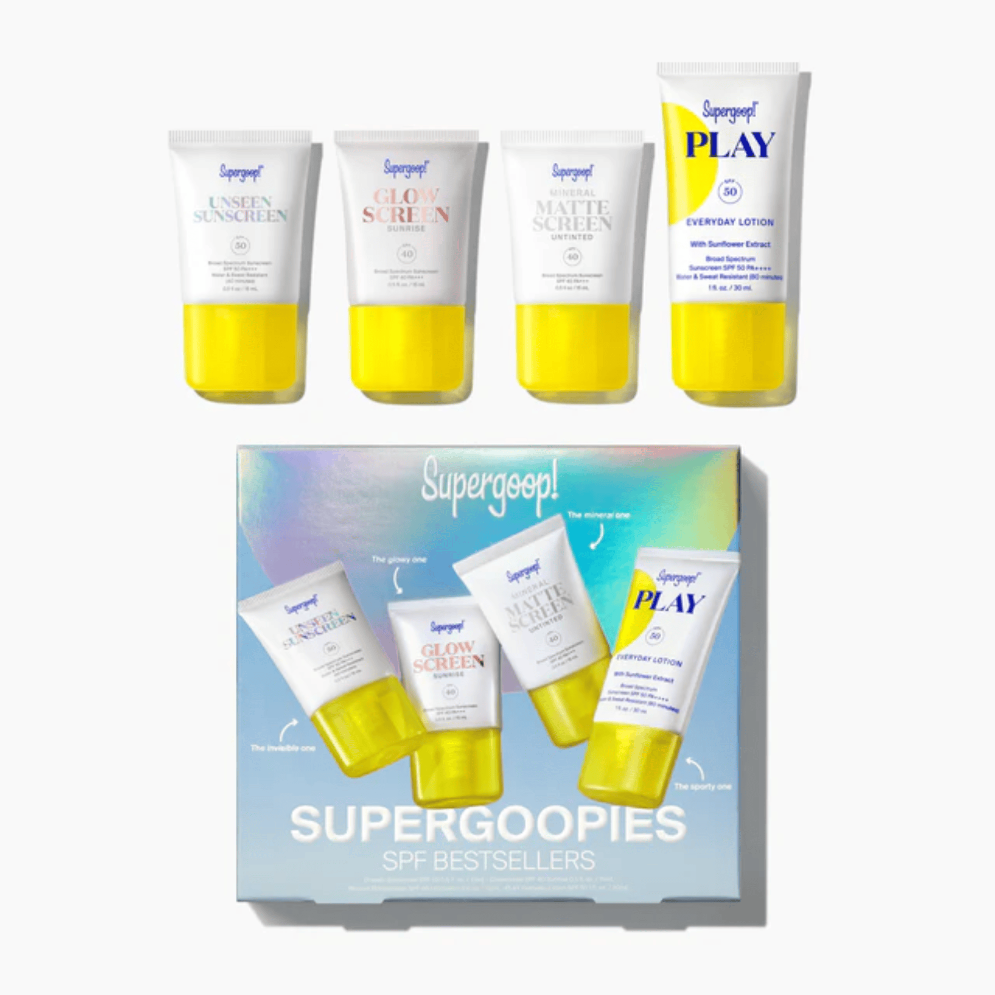 Supergoop SPF Bestsellers gift set with four travel-size sunscreens